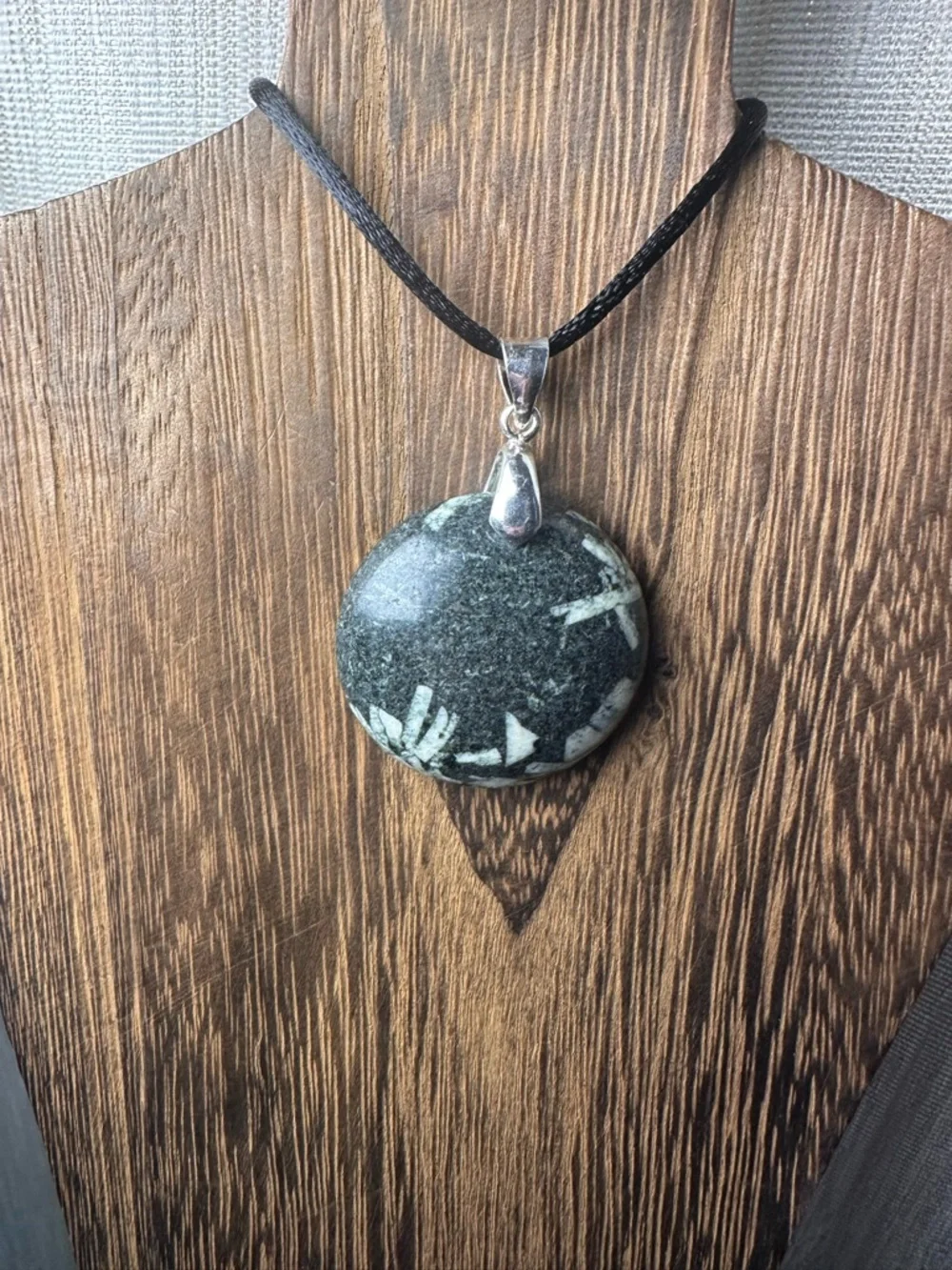 Round Chinese Writing Stone Pendant Necklace on Black Rope, Sterling Silver